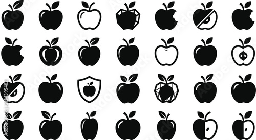 Fresh Apple Fruit Black Silhouette Icon Set with Bitten Pieces, Halves, Leaves, Low Poly Designs, and Shield Protection Symbols for Grocery and Food Branding