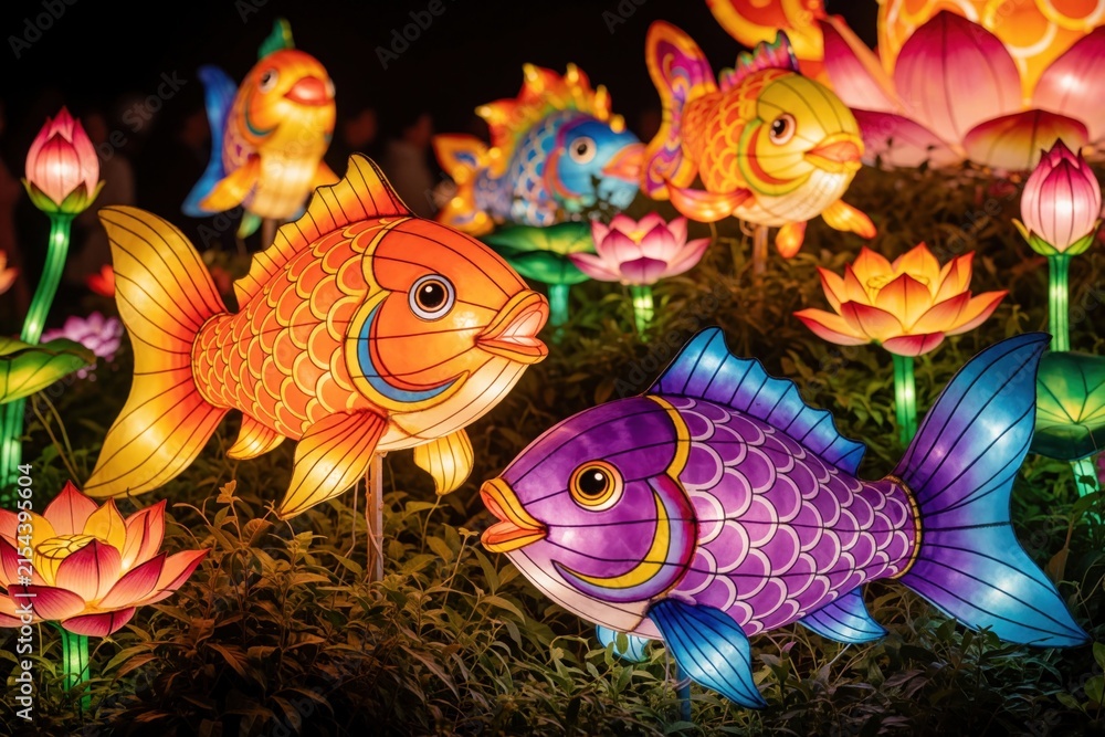 Obraz premium Colorful fish, lotus flower lanterns glow at night festival. Traditional decorative paper lights shaped like marine animals, blooms illuminate dark garden. Brightly lit ornaments celebrate cultural