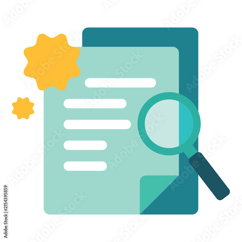 Flat design illustration of document analysis with magnifying glass and starbursts