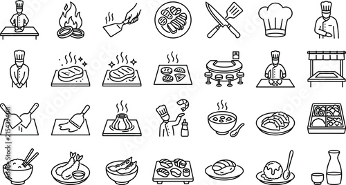 Japanese Teppanyaki Grill and Sushi Restaurant Line Icon Set with Hibachi Chefs, Steaks, Volcano Onions, Tempura, Bento Boxes, and Sake Symbols for Culinary Branding