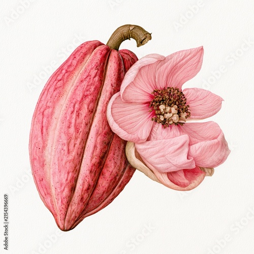 Pink cocoa pod and flower illustration