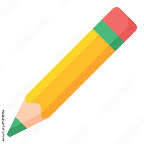 Yellow graphite pencil with pink eraser and green ferrule on a white background