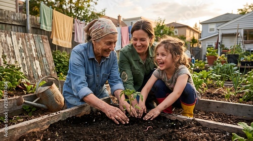 Three generations planting tomato seedlings together in raised bed garden, authentic family bonding at golden hour