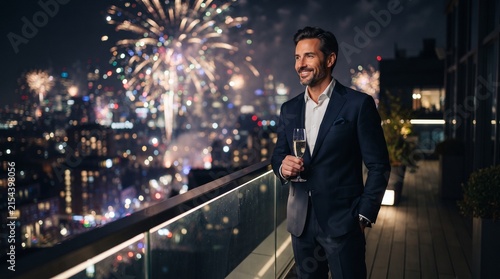 A man in a suit holding a champagne glass on a balcony at night, with fireworks exploding in the sky and a city skyline in the background. The man is smiling and looking out at the view.