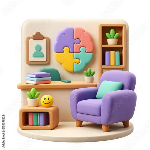 Back to School Season Peak colorful miniature study room with cozy armchair and puzzle brain decor.
