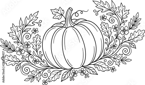 Foto Detailed black and white vector illustration of pumpkin with ornate foliage and