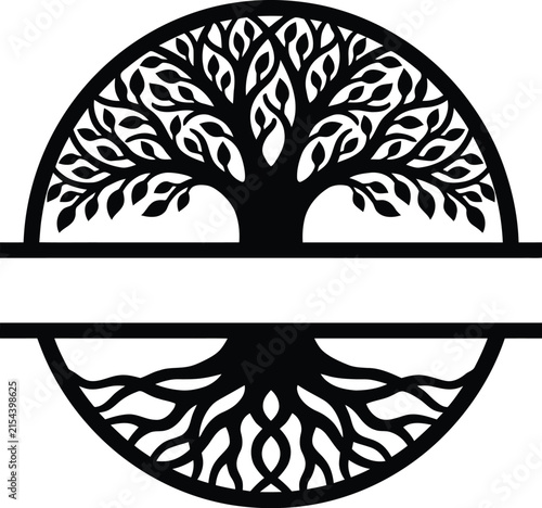 Minimalist circular tree of life logo design with a central blank space for custom text or branding