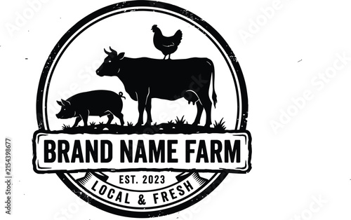 Vintage livestock farm emblem featuring silhouettes of cow pig chicken round badge label vector design