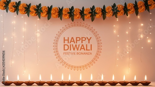 Happy Diwali Happy Diwali festive bonanza background with marigold flower garland traditional oil lamps and glowing hanging light strings