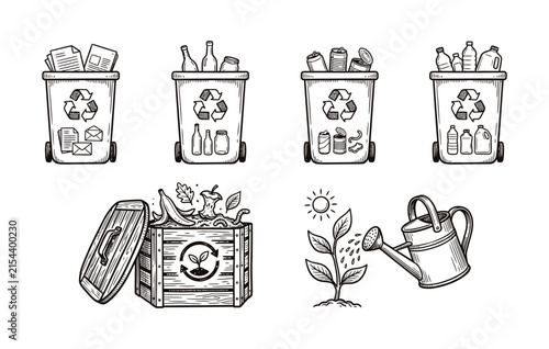 Hand drawn recycling and composting vector set featuring waste bins glass paper metal plastic sorting organic bin and watering can