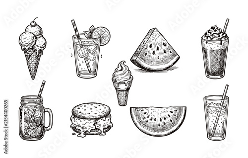 Hand drawn summer food and refreshing drinks vector set featuring ice cream cones watermelon slices lemonade and milkshakes