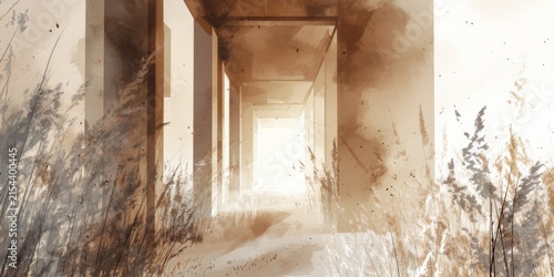 Brutalist watercolor corridor with concrete pillars and wild dry grass