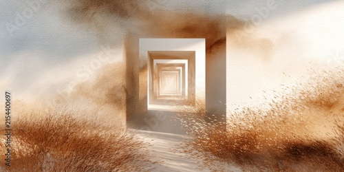 Abstract architectural hallway painting with natural plants and light tunnel