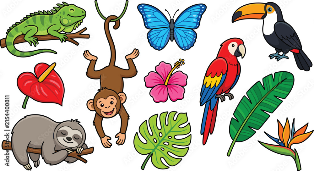 Obraz premium Tropical jungle animals and rainforest nature elements vector bundle featuring monkey, sloth, iguana, scarlet macaw parrot, toucan, blue butterfly, hibiscus, and exotic foliage.