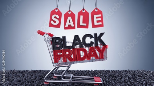 Black Friday Shopping cart with Black Friday text and red sale tags hanging above against a neutral background for retail promotion