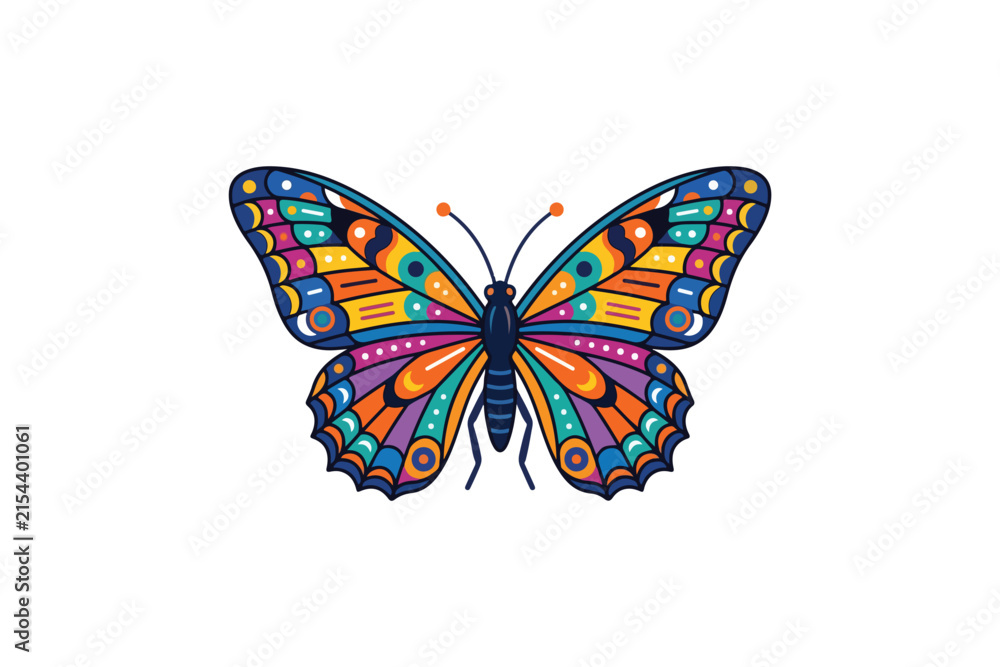 Fototapeta premium Vibrant butterfly illustration with multicolored wings features intricate folk art style patterns.