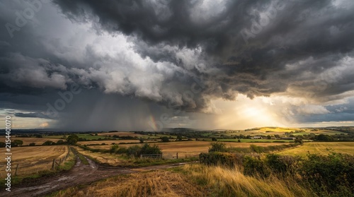 Dramatic storm clouds gathering over a rural landscape, with shafts of sunlight breaking through