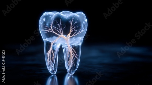 Futuristic Dental Anatomy Visualization with Illuminated Nerves Inside Tooth