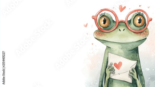 Adorable Green Frog Holding Heart Envelope Valentine Watercolor Illustration