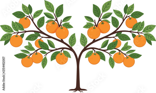 Stylized orange tree illustration with symmetrical branches and green leaves featuring vibrant citrus fruit for organic food and healthy lifestyle design concepts