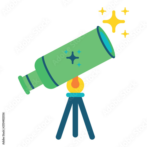 Green telescope on tripod with stars, flat design, bright colors, science and discovery