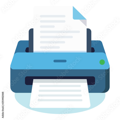 Modern blue printer with paper output and input, clean flat design illustration