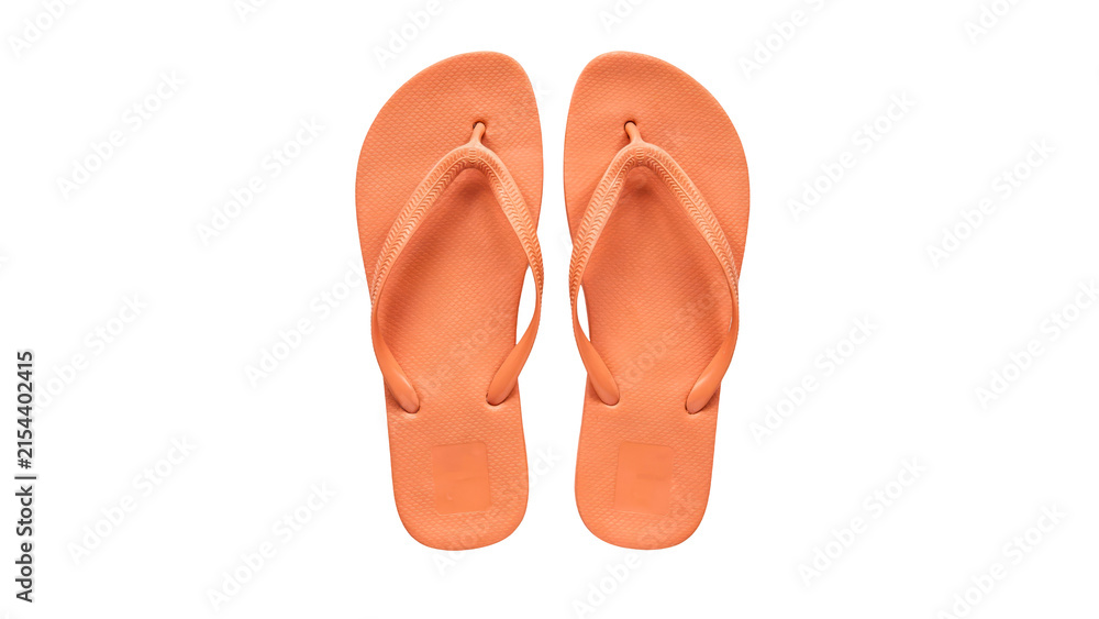 Naklejka premium Pair of bright orange rubber flip flops showcasing a minimalist summer footwear design with textured straps and comfortable soles captured from above on transparent background