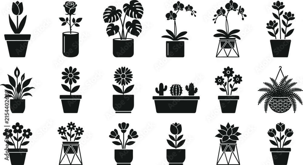 Naklejka premium Potted Houseplants and Decorative Flowers Silhouette Icon Set Featuring Rose, Tulip, Monstera, Orchid, Cactus, and Fern Vectors for Interior Design Graphics