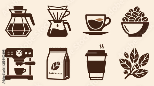 Coffee Brewing Equipment Icon Set with Espresso Machine