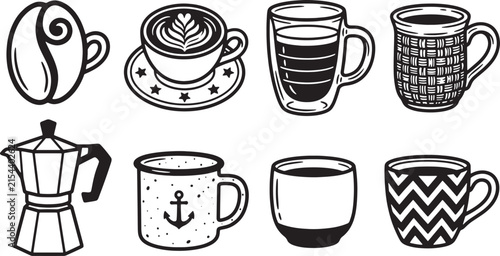 Coffee Cup and Moka Pot Line Icon Set with Latte Art and Patterned Mugs