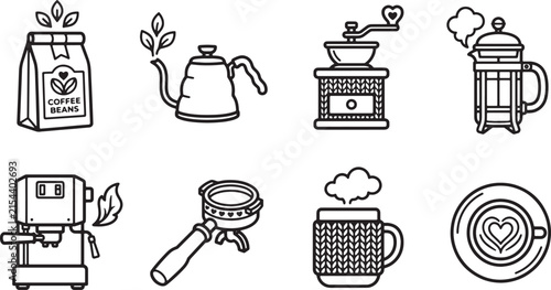 Coffee Brewing Equipment Line Icon Set with Grinder and French Press