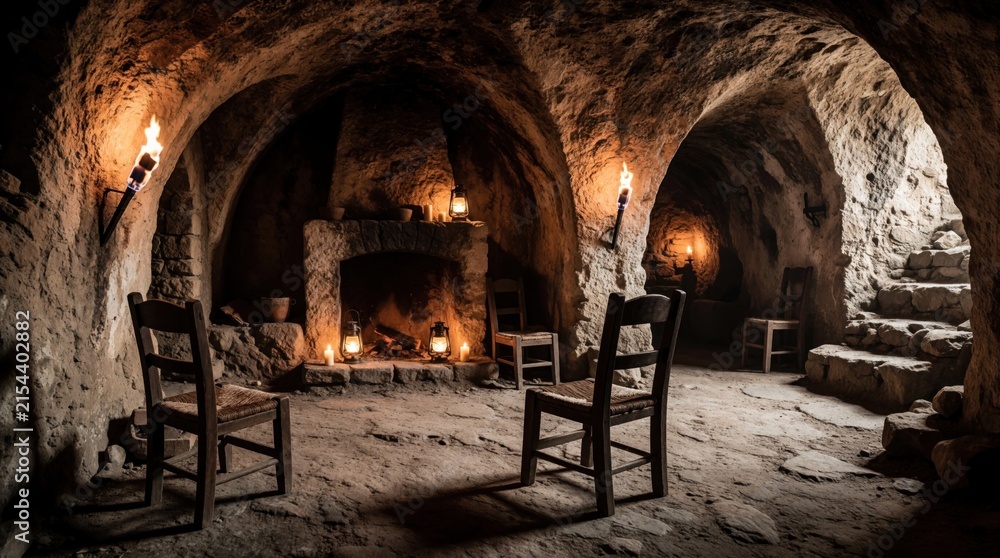 Fototapeta premium Ancient cave room with stone walls, arched ceiling. Warm candlelight, torches illuminate interior space. Empty wooden chairs sit near stone fireplace with burning wood. Historical underground