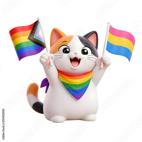 International Cat Day cute calico kitten waving pride flags and wearing a colorful rainbow bandana.
