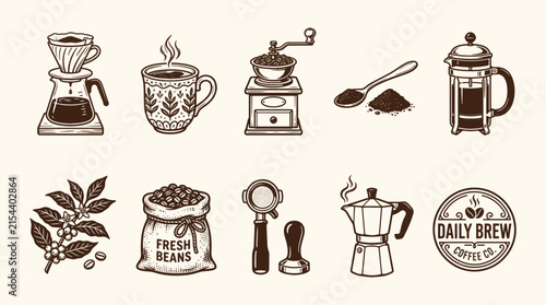 Coffee Equipment Outline Icon Set with Grinder, Kettle and Moka Pot