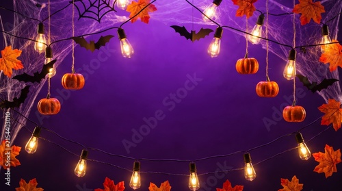 A festive halloween background featuring glowing pumpkin lanterns and hanging bats against a dark purple backdrop for seasonal party invitations