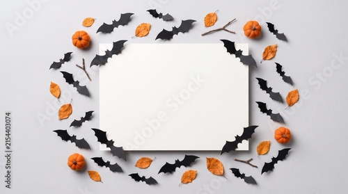 A festive halloween background featuring a blank white rectangular frame surrounded by decorative orange pumpkins and black paper bats