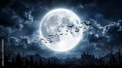 A spooky halloween night background featuring a large glowing full moon surrounded by dark clouds and flying bats silhouette