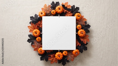 A festive halloween wreath with orange pumpkins and dark leaves surrounding a blank white square frame for your custom text