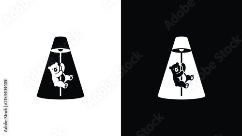 Playful teddy bear illuminates the darkness, hanging from a stylish lamp in a striking black and white graphic illustration