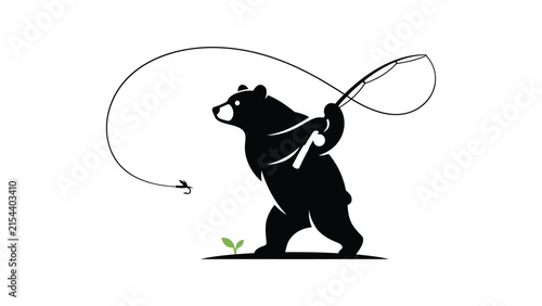 Silhouette illustration of a funny bear running happily with a fishing rod in a whimsical style