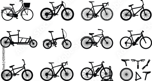 Bicycle Silhouette Icon Set Featuring Mountain Bikes, Road Racers, BMX, Folding, Electric EBikes, Cargo Carriers, and Cycle Component Parts for Sporting and Retail Designs