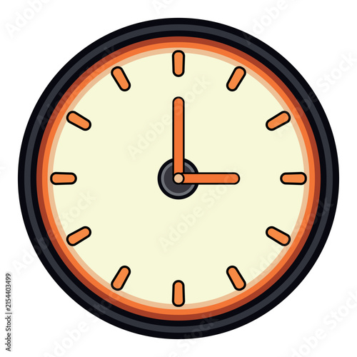Simple analog clock face with orange hands showing 3 o'clock, cream dial