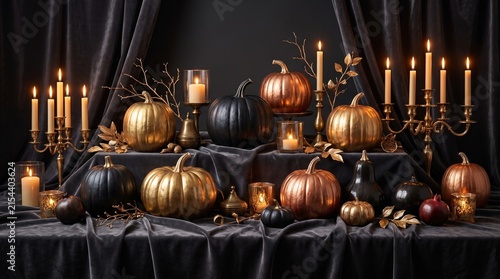 A festive halloween table setting featuring metallic pumpkins and glowing candles arranged elegantly against a dark moody black fabric background