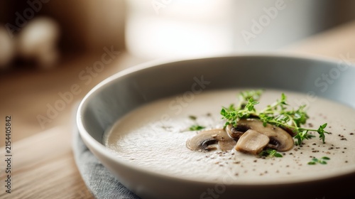 Warm homemade mushroom cream soup served on wooden table background