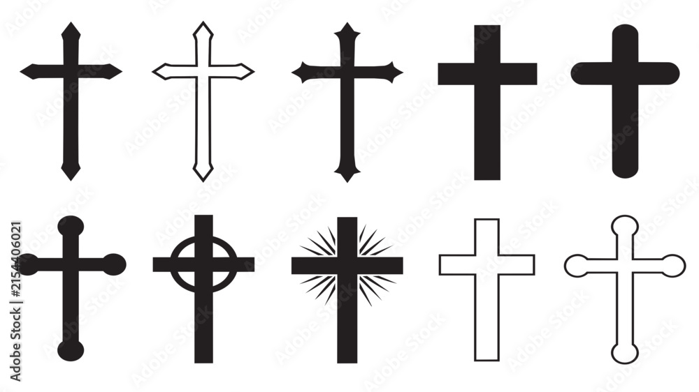 Fototapeta premium Christian cross icon set, 10 religious crucifix symbols in black and white, spiritual church vector elements for graphic design
