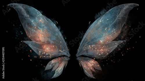 Glowing cosmic fairy wings with sparkles on black background