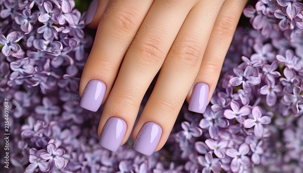 Fototapeta premium Closeup of female hands with soft lavender nail polish touching gentle spring blooming lilac flowers