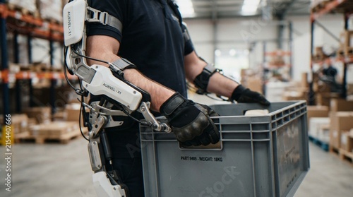 Foto A warehouse worker wearing an advanced robotic exoskeleton suit while carrying a plastic crate in an industrial facility