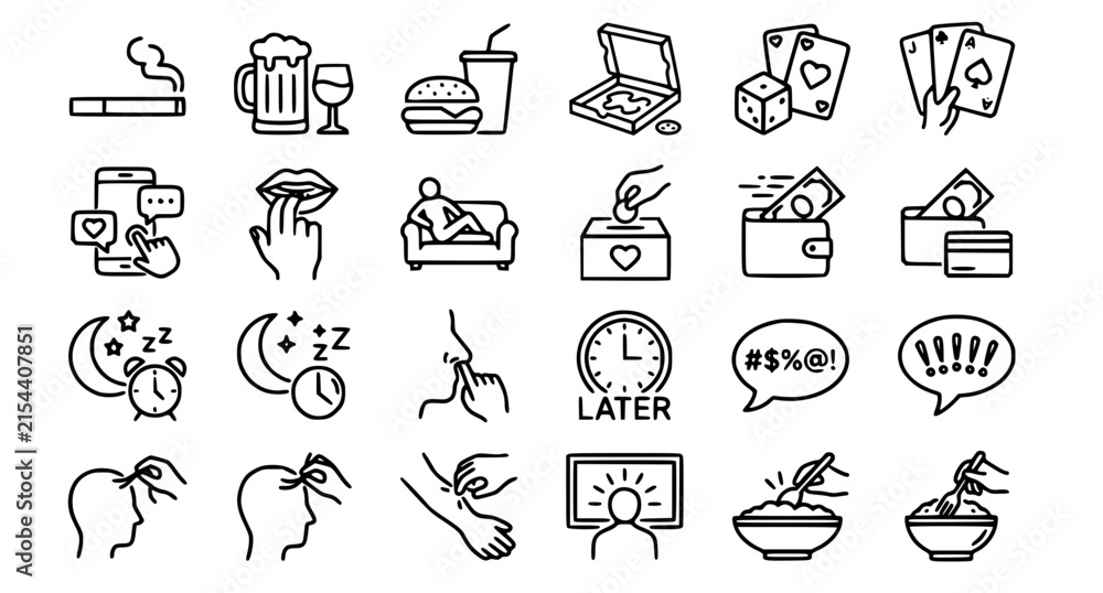 Fototapeta premium Bad Habits Linear Icon Set with Smoking Alcohol Junk Food and Unhealthy Lifestyle Symbols