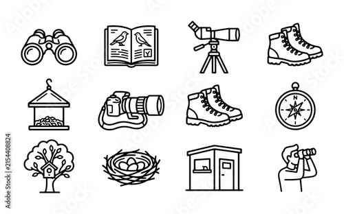 Bird watching icons for binoculars, camera, and boots, outline solid styles, UI and web interface